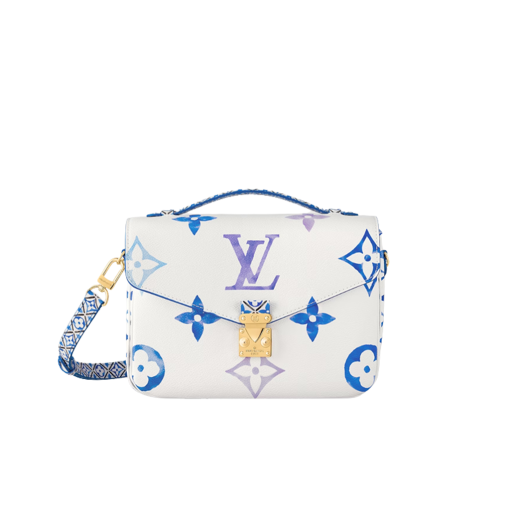 LOUIS VUITTON Pochette Métis MM. Authentic quality luxury bag crafted in genuine leather comes with authenticity card, dust bag and gift bag. Style with a Portuguese Touch. This exquisite Pochette Metis handbag is crafted from cream-colored canvas and highlighted by pastel LV's and Monogram Flowers printed with a watercolor-like effect. The top handle and detachable strap present a more prominent Monogram Flower pattern, reminiscent of the Portuguese painted ceramic tilework.