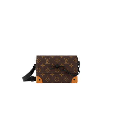 LOUIS VUITTON Steamer Wearable Wallet.  Authentic quality luxury wallet crafted in genuine leather comes with authenticity card, dust bag and gift bag. Style meets function: Elevate your everyday. The Steamer Wearable Wallet is a tasteful creation that draws inspiration from the timeless design codes of classic Steamer bags. Crafted with utmost precision, this wallet is constructed with durable Monogram Macassar canvas and features reinforced saffron leather corners for added strength. The use of black metal hardware, including rivets on the corners and a steamer-style chain, adds a touch of elegance to this piece. Rest assured, your valuables will be kept safe and organized with the inclusion of an inside zipped pocket.