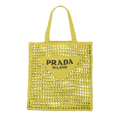 PRADA Crochet Tote Bag. Authentic quality luxury bag crafted in genuine leather comes with authenticity card, dust bag and gift bag. Elevate your style with signature tote bag. This tote bag is the perfect addition to any summer wardrobe! Adorned with Prada's iconic triangle logo and embroidered lettering, its soft, deconstructed design is made with a light and natural raffia-effect yarn. It's sure to add an elevated touch to your ensemble.