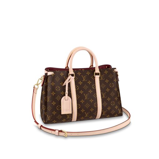 LOUIS VUITTON Soufflot. Authentic quality luxury bag crafted in genuine leather comes with authenticity card, dust bag and gift bag. Sophistication meets practicality. The sophisticated Soufflot MM is skillfully crafted with Monogram canvas, complemented by two stylish leather bands reminiscent of the famous Keepall design. Its capacious interior is thoughtfully arranged for optimal organization. This versatile bag can be carried gracefully by hand or on the elbow, thanks to its refined leather top handles, or effortlessly draped over the shoulder, courtesy of its adjustable and detachable shoulder strap.