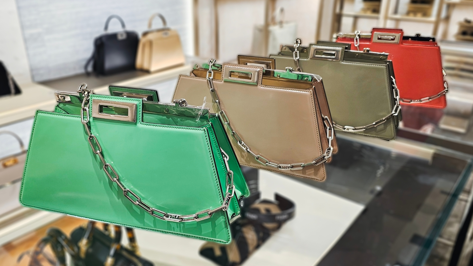 Close-up of a FENDI PEEKABOO CUT replica bag shining under natural sunlight.