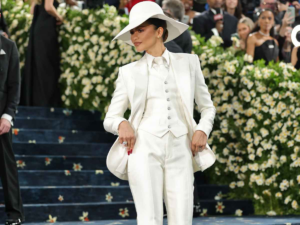 Zendaya in structured white suit at the Met Gala 2025